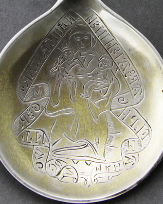 Antique Danish Silver Christening Spoon - St Olaf, Madonna, Anna Selbdritt